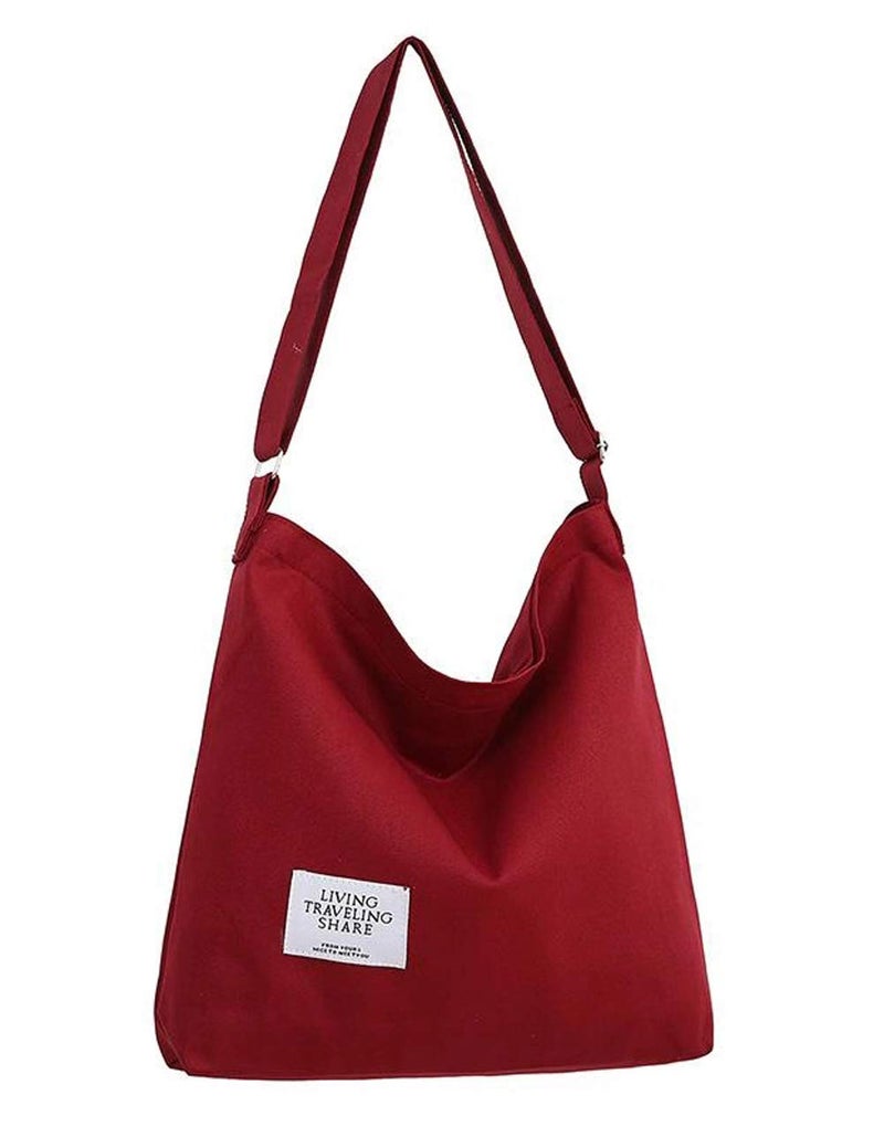 Covelin Women's Retro Large Size Canvas Shoulder Bag Hobo Crossbody Handbag Casual Tote Wine Red - Image 1